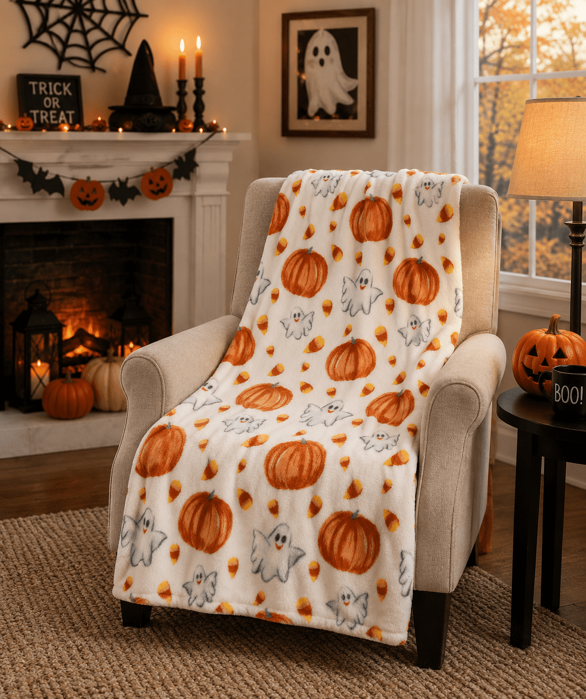 Serafina Home Halloween Throw Blanket: Fuzzy Boo! Jack O'Lantern Spider Webs Skull and Black Cats Print on Velvet Fleece for Sofa Bed Couch Chair Dorm