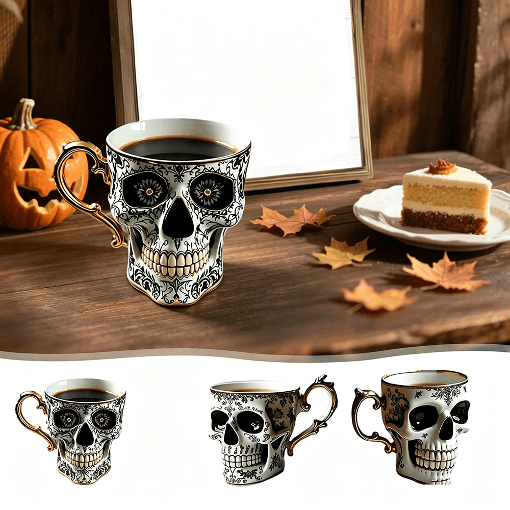 Skull Coffee Mug,Sparkly Skull Coffee Mug Gothic Tea Cups ,Skull Coffee Cup,Gothic Porcelain Tea Cup With Gold Trim, Skullcoffee Mug Halloween Gifts, Great For Coffee Lovers Unique Gift
