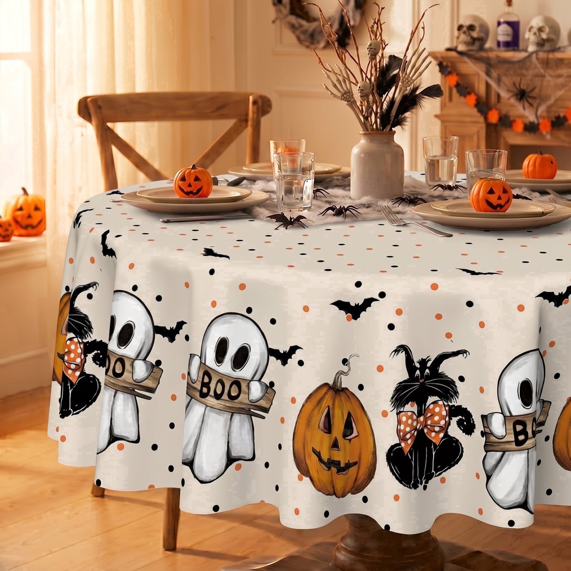 Sm:)e Ghost Cat Jack-O-Lantern Pumpkin Black Halloween Tablecloth 60 x 84 Inch, Wrinkle-Resistant & Machine Washable Table Cover for Dining Decor, Rectangle