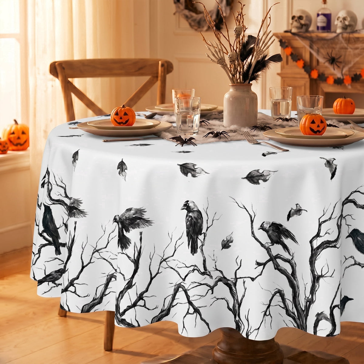 Sm:)e Crow Haunted Tree Halloween Tablecloth 60x84 Inch, Machine Washable Table Cover for Dinner/Party Decoration/Holiday