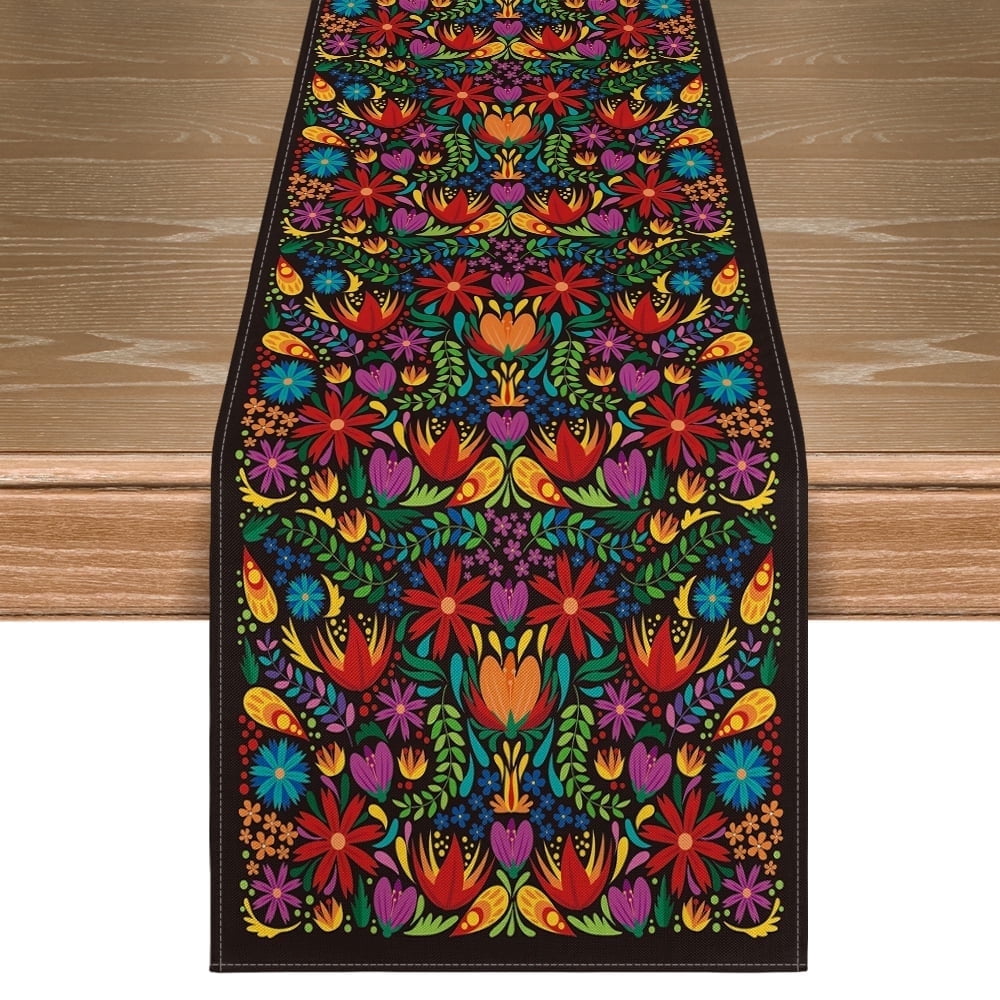 Sm:)e 13"x72" Black Floral Dia De Los Muertos Serape Table Runner, Polyester, Mexican Fiesta Design, Party Kitchen Dining Decoration