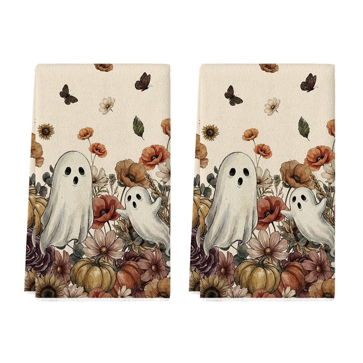 Sm:)e Ghost Pumpkins Bats Floral Spooky Halloween Kitchen Towels Dish Towels, 18x26 Inch Jack-O'-Lantern Decoration Hand Towels Set of 2