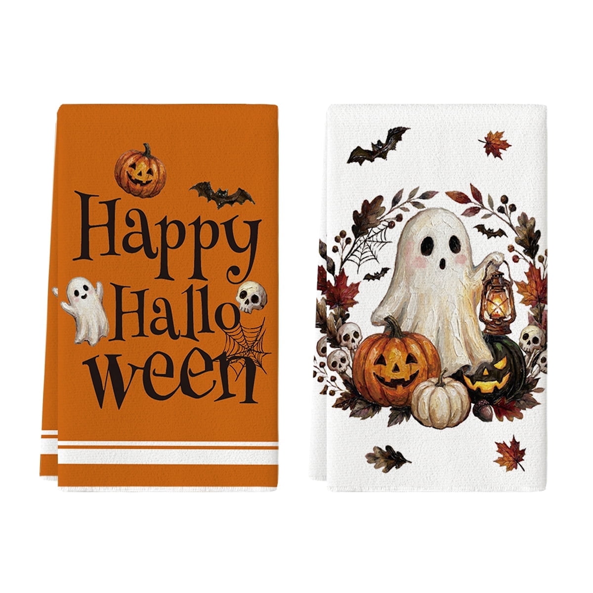 Sm:)e Ghost Pumpkins Bats Floral Spooky Halloween Kitchen Towels Dish Towels, 18x26 Inch Jack-O'-Lantern Decoration Hand Towels Set of 2