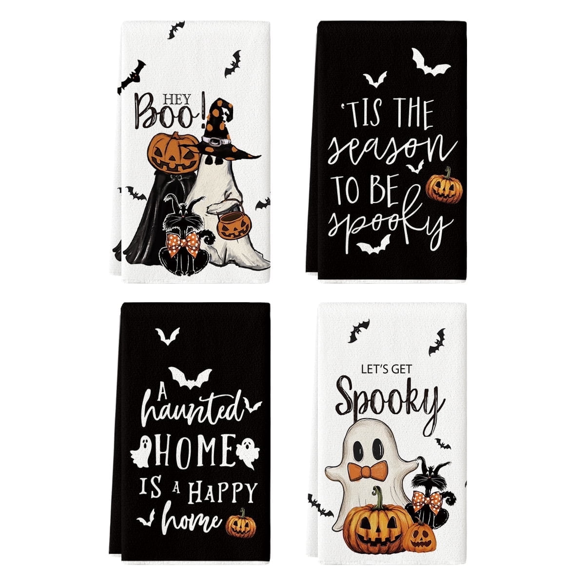 Sm:)e Spooky Pumpkin Ghost Boo Bat Halloween Kitchen Dish Towels 2 Set 18 x 26 inch