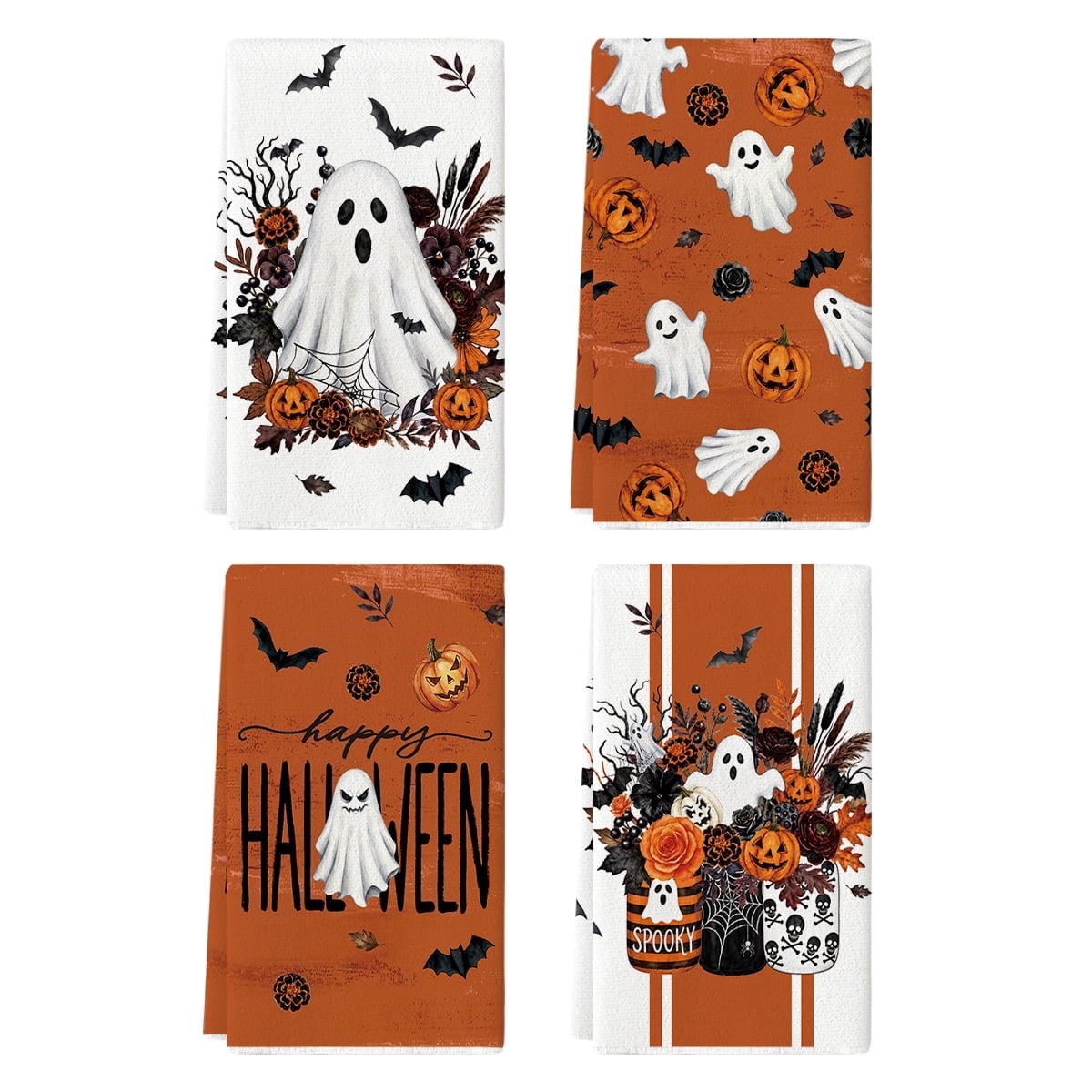 Sm:)e Pumpkin Ghost Bat Happy Halloween Dish Towels Set of 4, 18x26 Inch, Seasonal Holiday Hand Towels for Kitchen and Dining Table