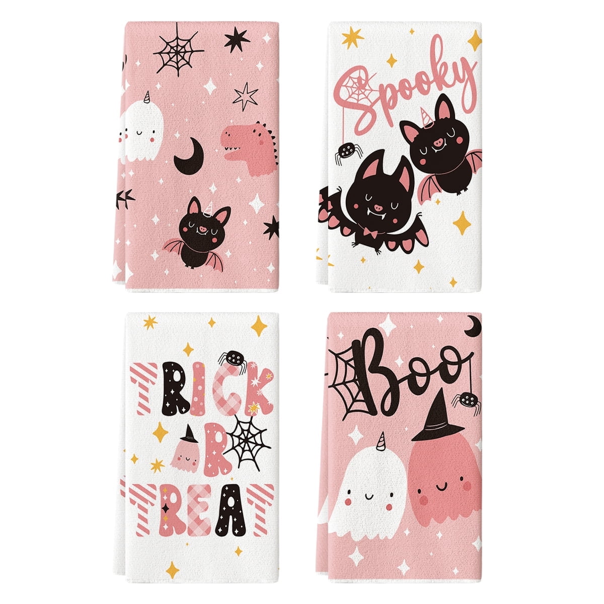 Sm:)e Pumpkin Ghost Bat Happy Halloween Dish Towels Set of 4, 18x26 Inch, Seasonal Holiday Hand Towels for Kitchen and Dining Table