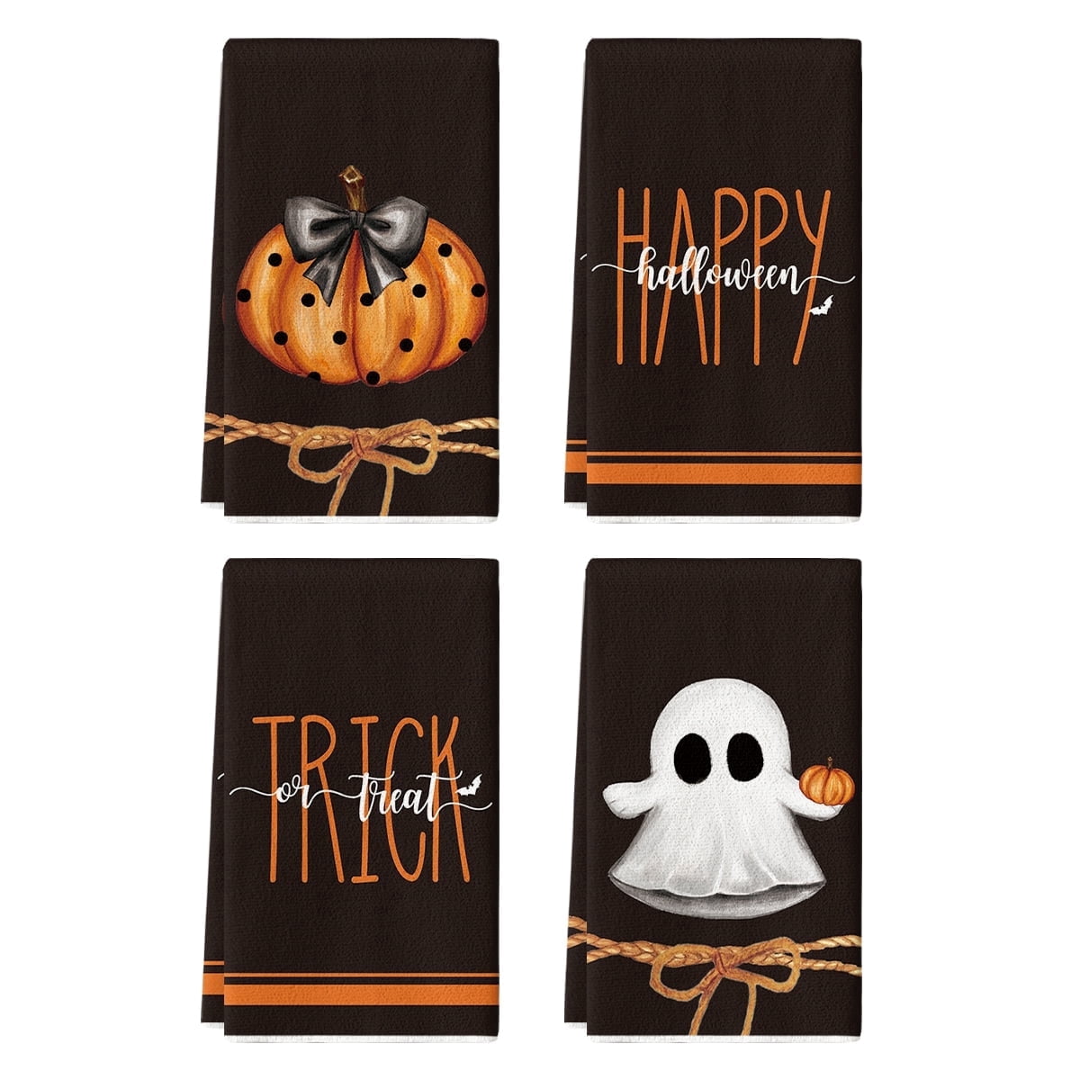 Sm:)e Pumpkin Ghost Bat Happy Halloween Dish Towels Set of 4, 18x26 Inch, Seasonal Holiday Hand Towels for Kitchen and Dining Table