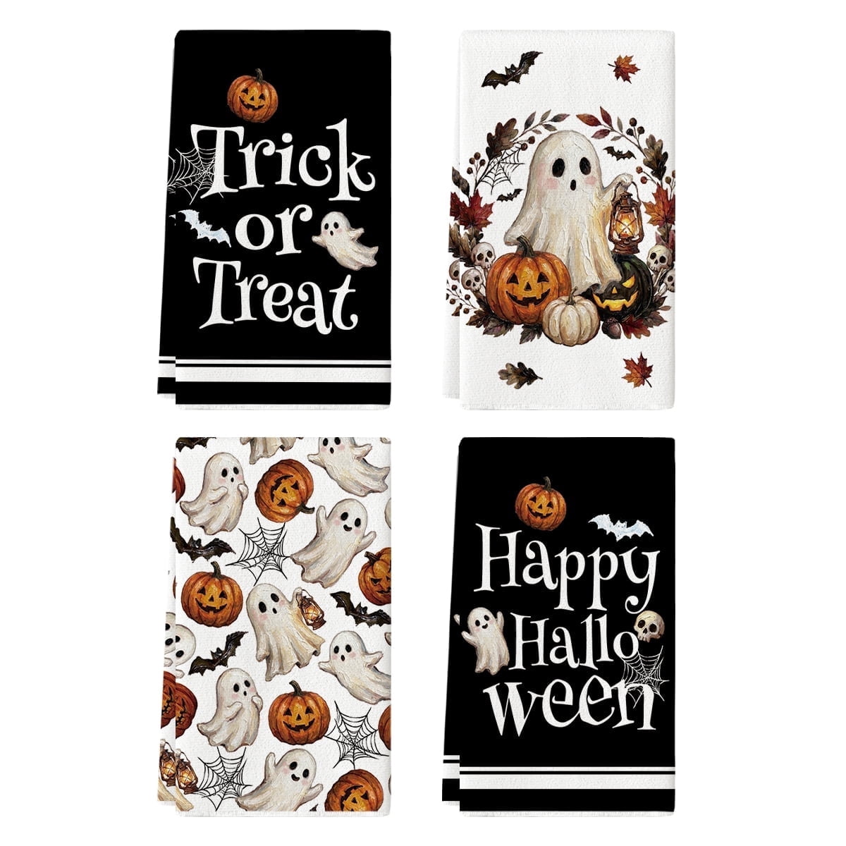 Sm:)e Pumpkin Ghost Bat Happy Halloween Dish Towels Set of 4, 18x26 Inch, Seasonal Holiday Hand Towels for Kitchen and Dining Table