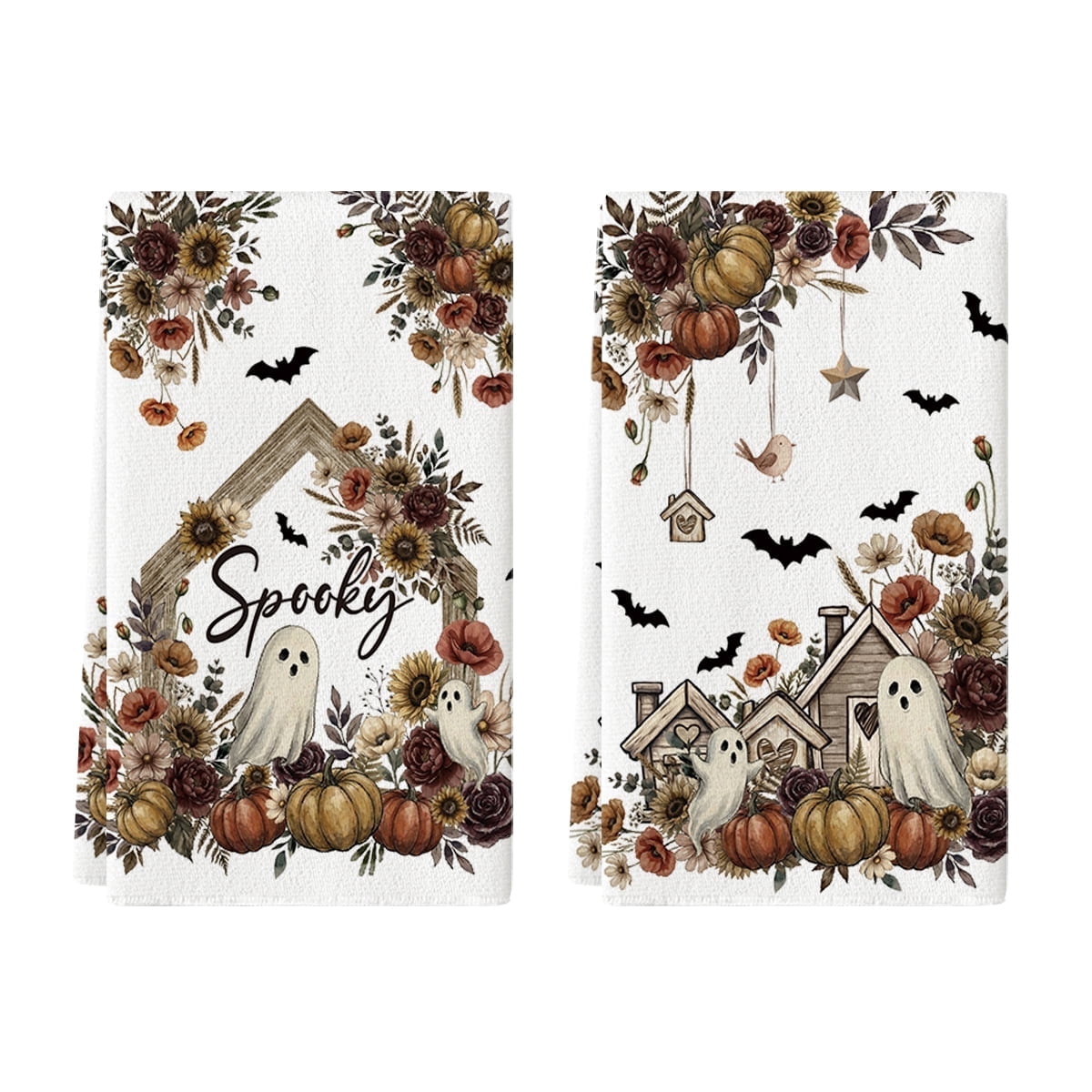 Sm:)e Ghost Pumpkins Bats Floral Spooky Halloween Kitchen Towels Dish Towels, 18x26 Inch Jack-O'-Lantern Decoration Hand Towels Set of 2