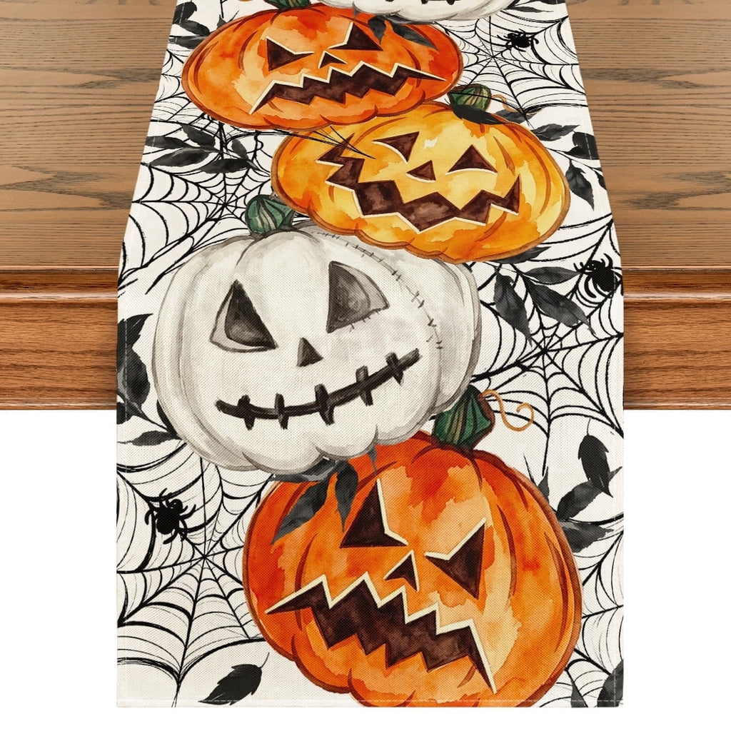 Smile Jack O Lantern Pumpkin Ghost Spider Halloween Table Runner 13 x 72 Inch