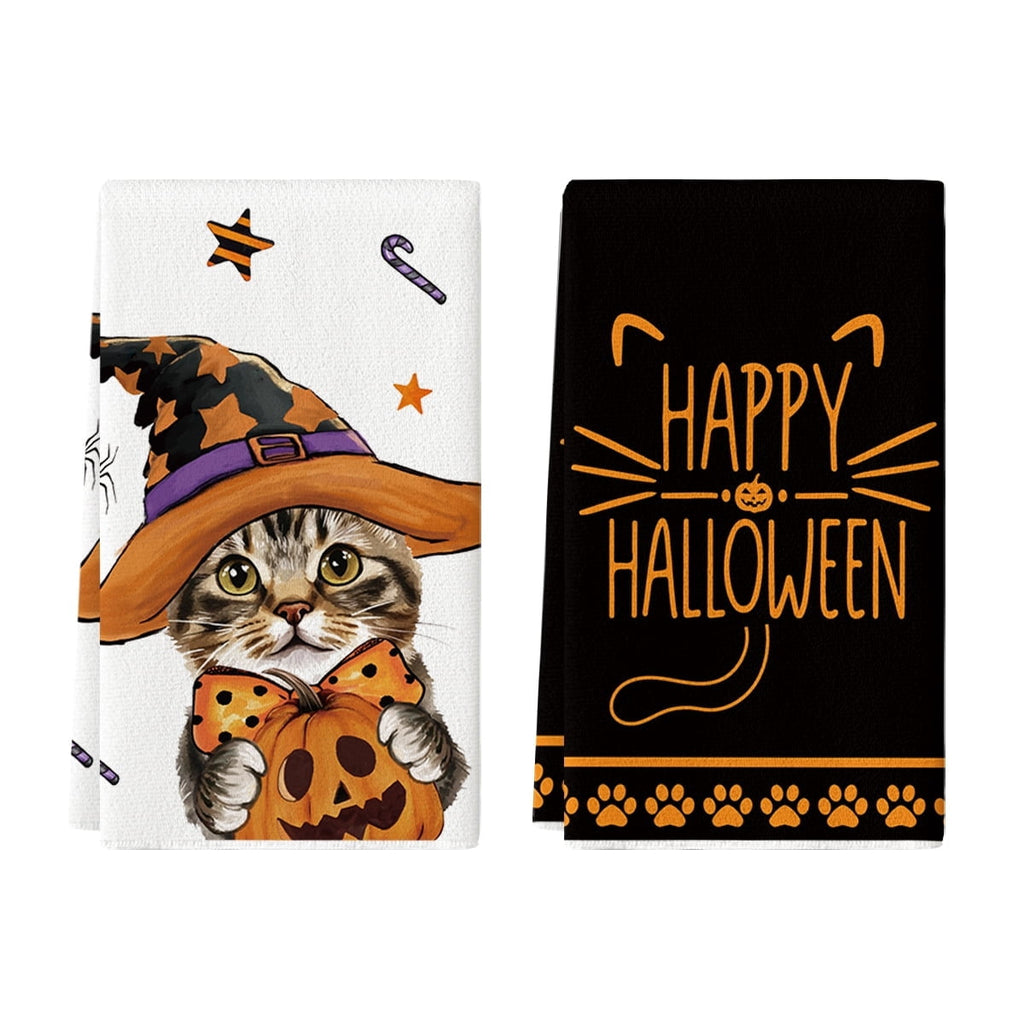 Sm:)e Spider Web Jack-O'-Lantern Pumpkin Cat Happy Halloween Kitchen Towels Dish Towels 18x26 Inch Set of 2