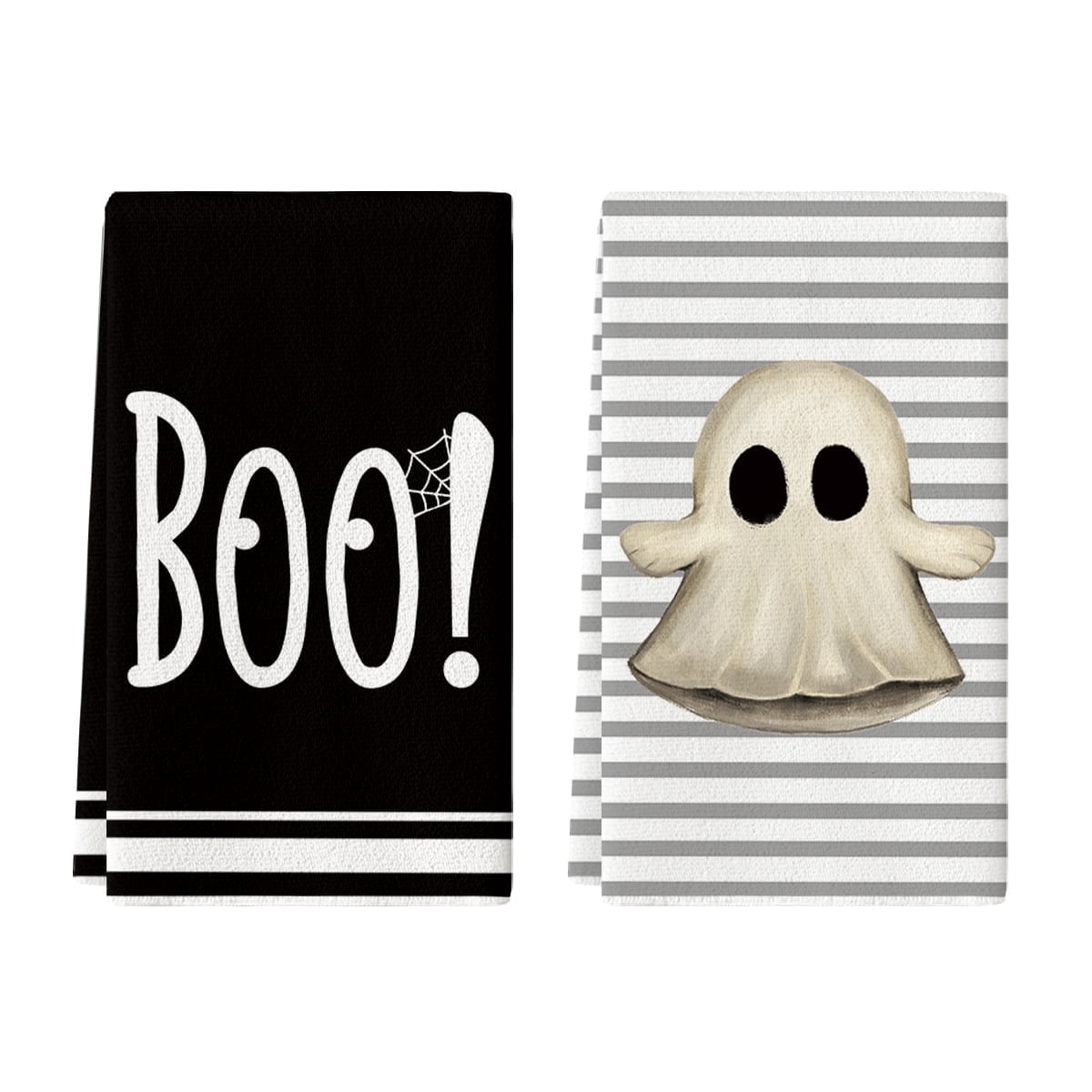 Sm:)e Spooky Pumpkin Ghost Boo Bat Halloween Kitchen Dish Towels 2 Set 18 x 26 inch