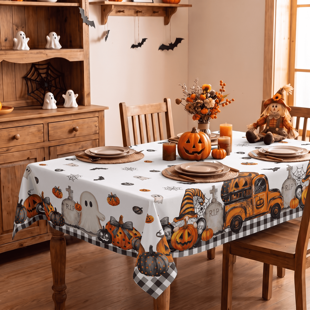 Sm:)e Truck Jack O Lantern Pumpkin Bat Buffalo Plaid Halloween Tablecloth 60 x 84 Inch, Wrinkle-Resistant Table Cover for Dining Decor, Rectangle