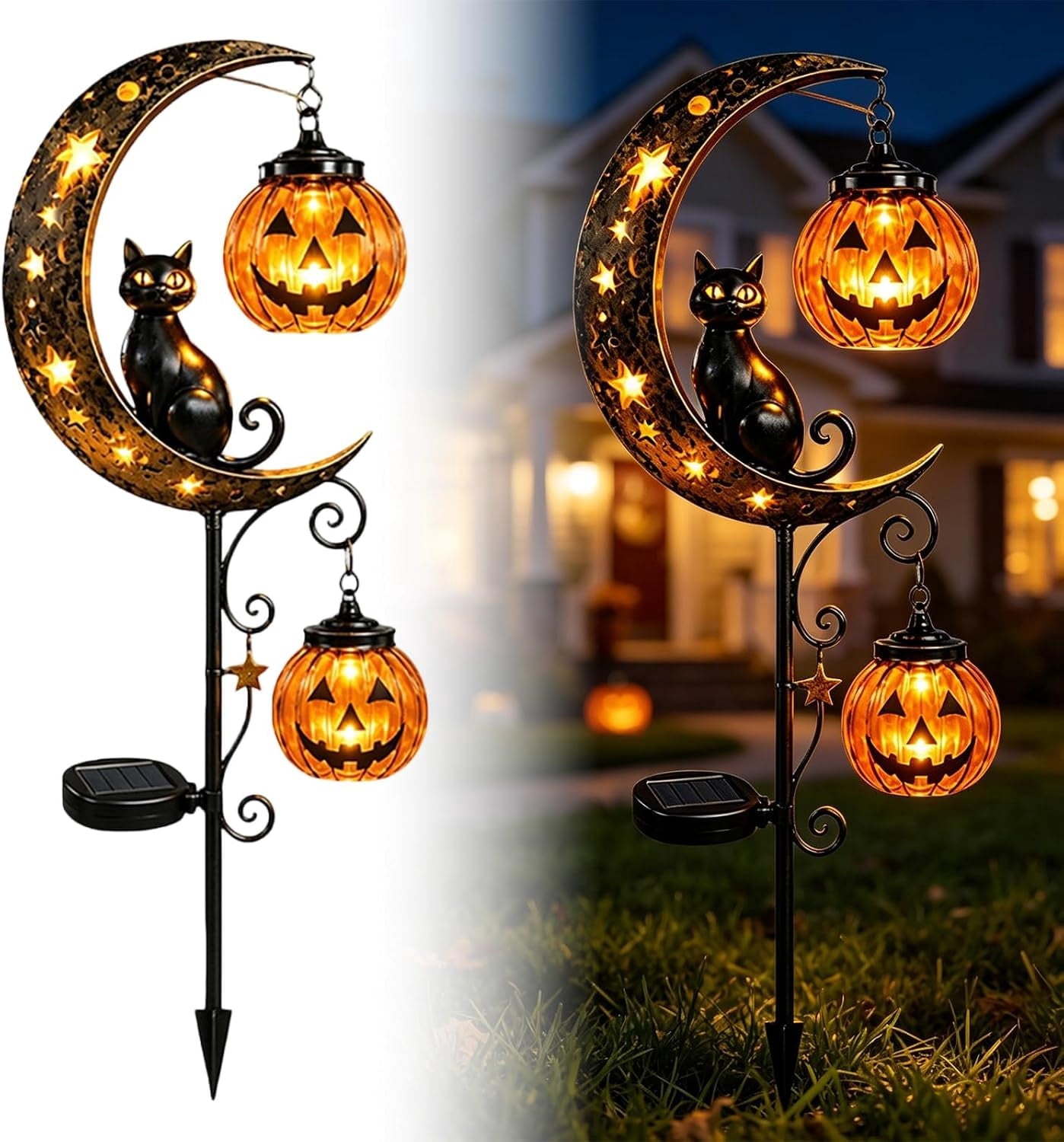 Solar Halloween Black Cat & Pumpkin Moon Garden Stake Light | Waterproof Metal Black Cat Yard Ornament, Auto On Off Solar Outdoor Light, Fall Halloween Decor Stake for Lawn Patio Pathway