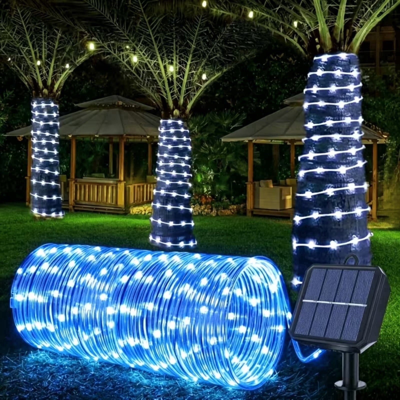 Solar Rope Lights Outdoor Waterproof 100LED Tube String Lights with USB Rechargeable Timer 8 Modes Dimmable Twinkle Fairy String Light for Trampoline Yard Pool Party Wedding Christmas