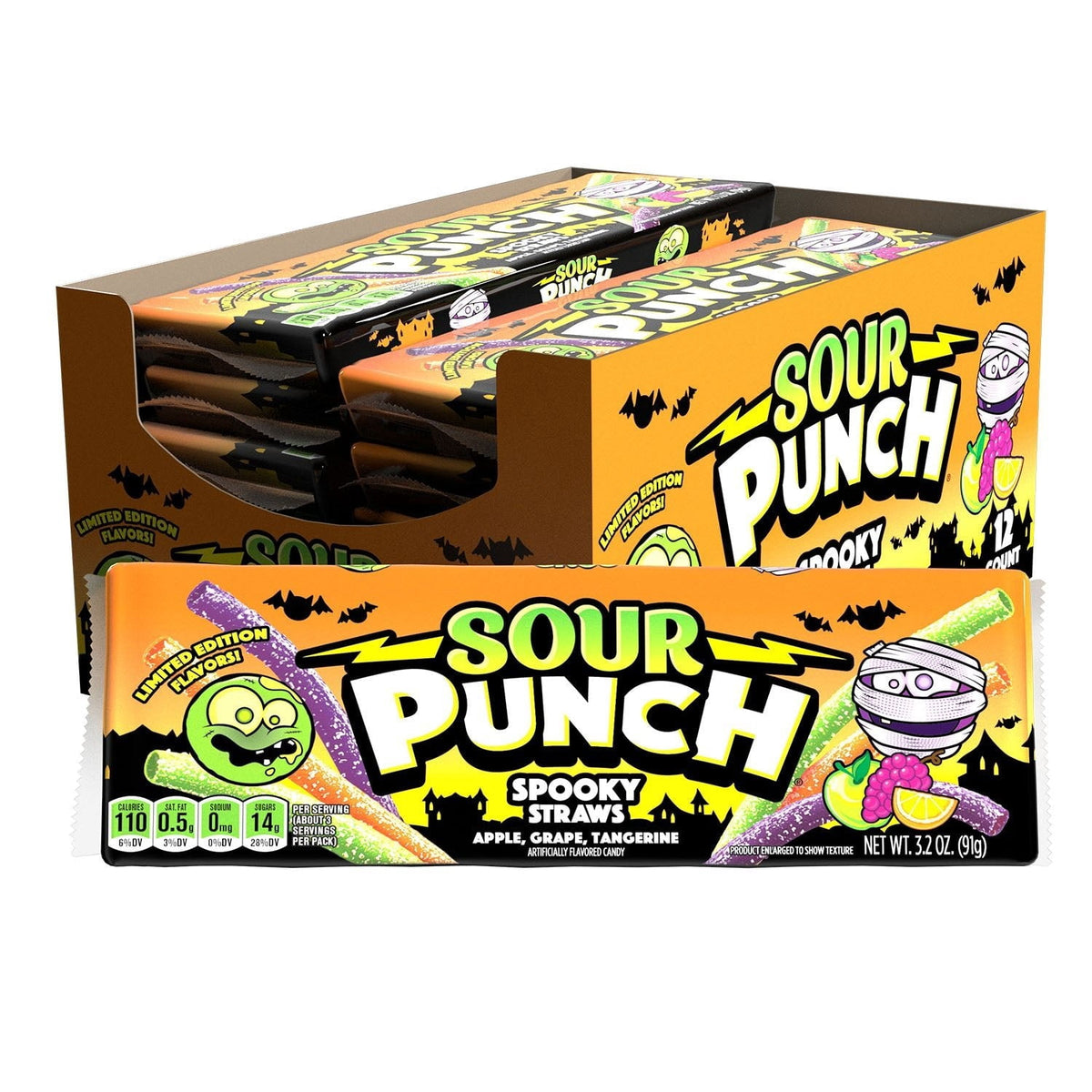 Sour Punch Spooky Straws Chewy Halloween Candy, 3.2oz Tray