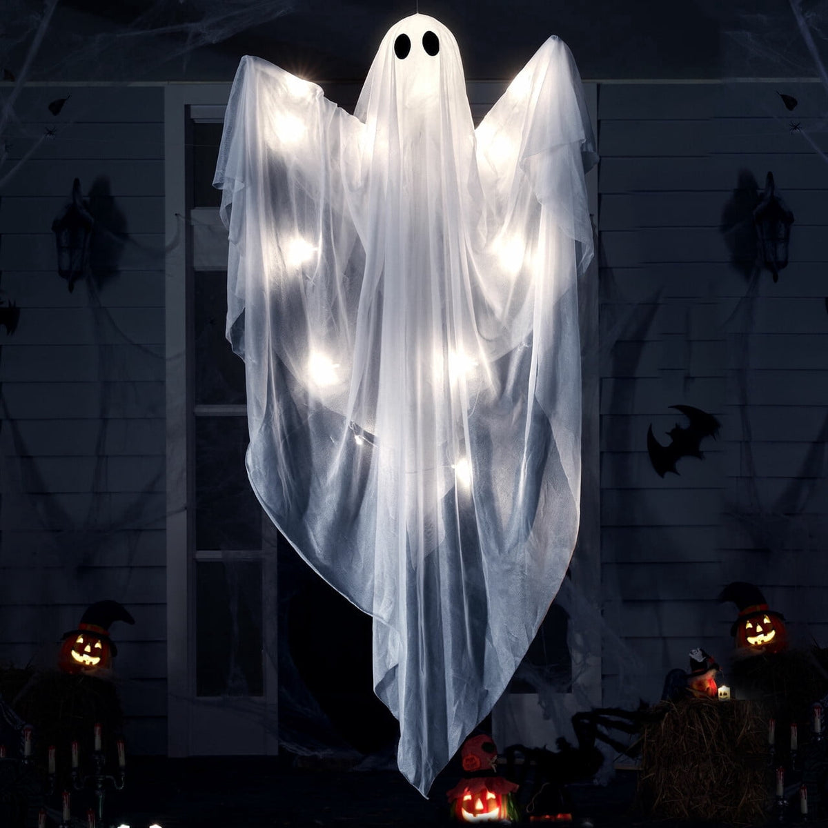 Joyfy 47" Halloween Hanging Light up Ghost Decorations Outdoor,White Ghosts with Blue LED Light and Timer Halloween Hanging Decoration Waterproof for Front Yard Patio Lawn