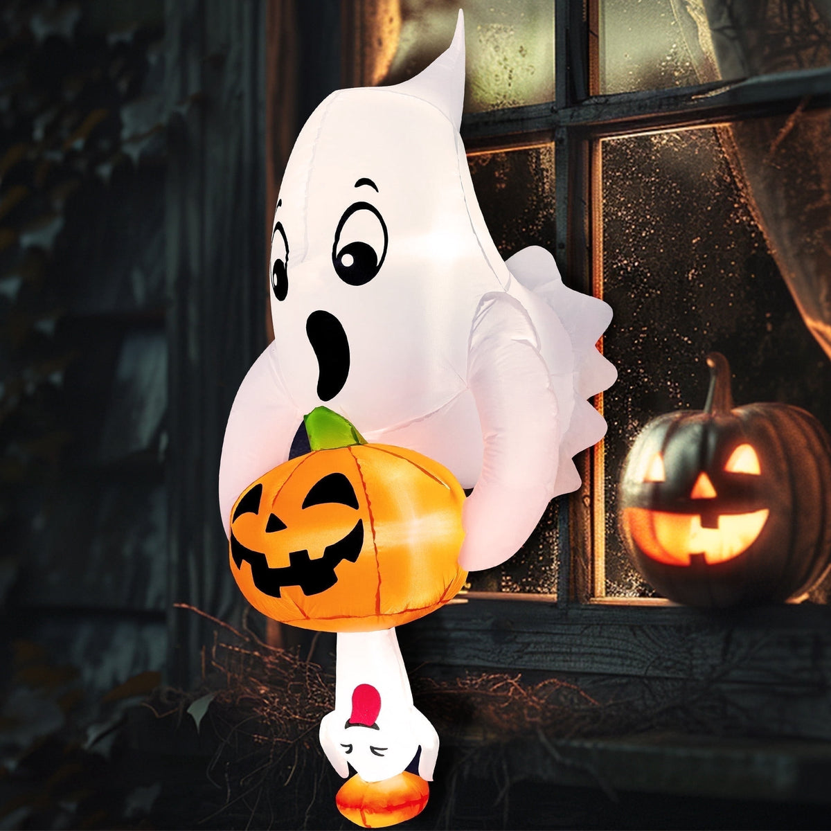 Joyfy 4.5 FT Halloween Inflatable Decorations Outdoor Scary Flying Ghost Broke Out from Window with Built-in LED Blow Up Inflatable for Window Decoration Yard Garden Lawn Decor