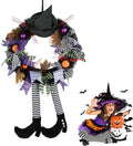 TETOU Halloween Wreaths for Front Door, 27" Witch Wreath Halloween Costumes, Autumn Door Wreath Witch's Hat and Legs Pumpkin Halloween Indoor & Outdoor Wall Decor