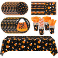 TURSTIN 193 Pieces Halloween Candy Corn Tableware Set Serves 24, Disposable Paper Plates Cups Napkins with Tablecloth for Halloween Party