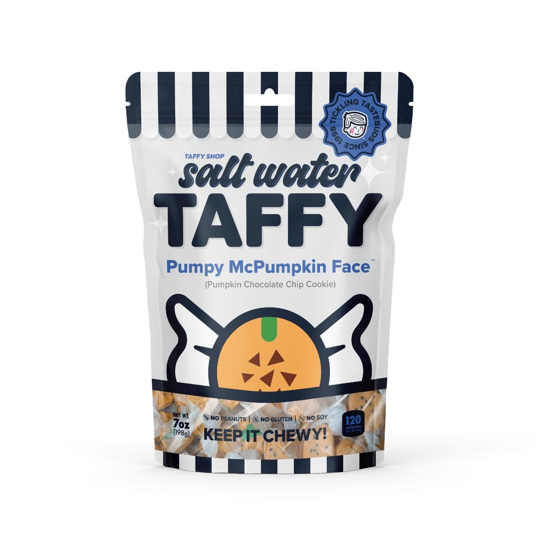 Taffy Shop Pumpy McPumpkin Face, Pumpkin Chocolate Chip Cookie Salt Water Taffy – Assorted Gourmet Candy Variety Pack, Bulk Sweet Snack, Fresh & Gluten-Free, 30 Individually Wrapped Pieces (7oz)