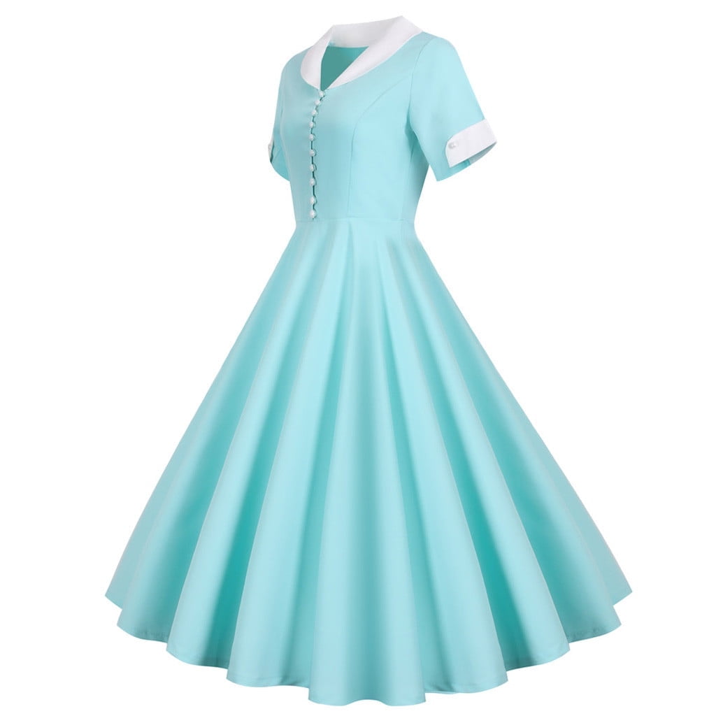 Tejiojio Women Clothes Women's 1950s Retro Dress Short Sleeve Vintage Swing Dress