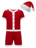 TiaoBug Men Christmas Santa Claus Cosplay Costume Boxers Leotard Bodysuit with Hat Xmas Party Outfits B Red XL