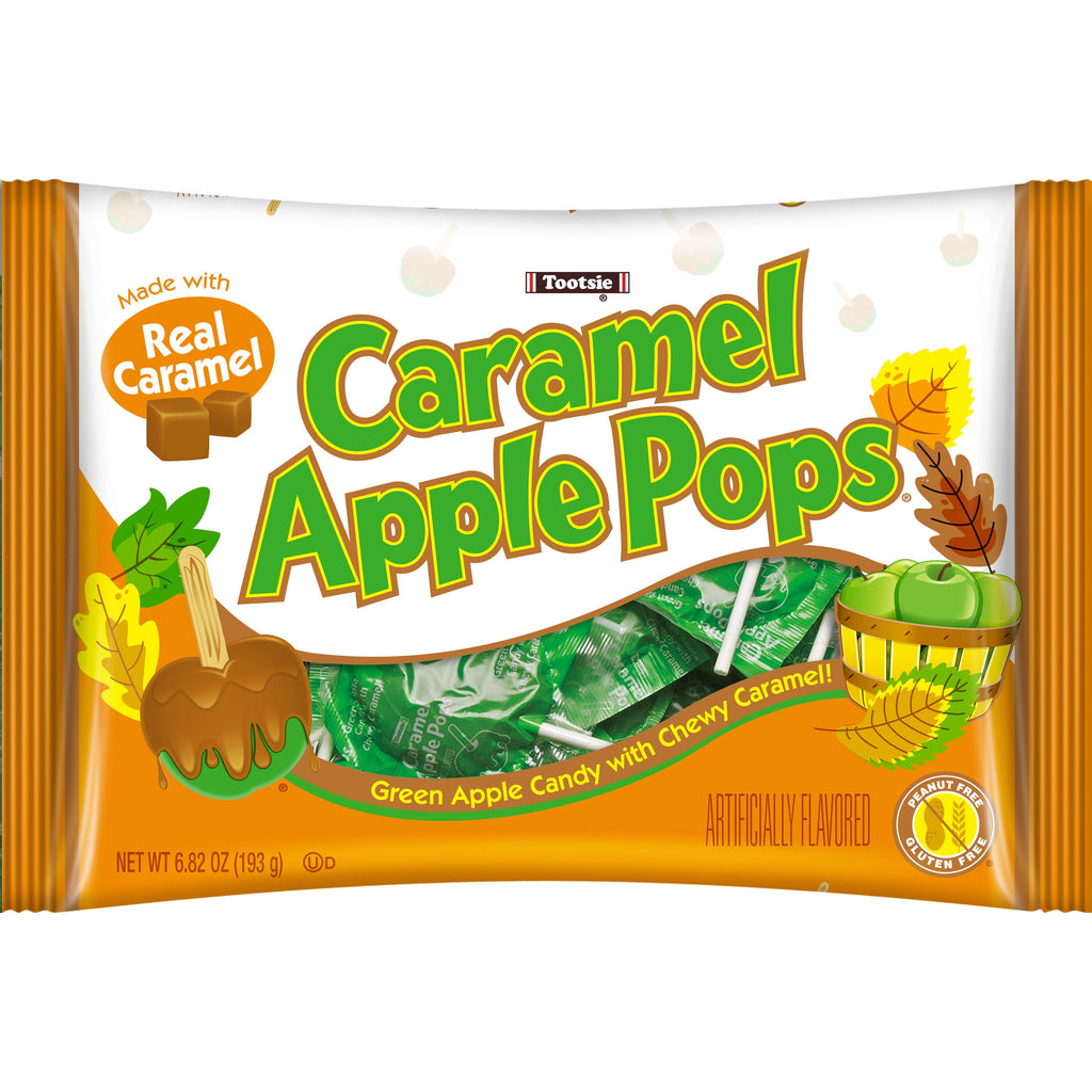 Tootsie Halloween Caramel Apple Lollipops, Individually Wrapped Green Apple Flavored, 6.82 oz. Gluten Free, Peanut-Free, Contains Milk & Soy.