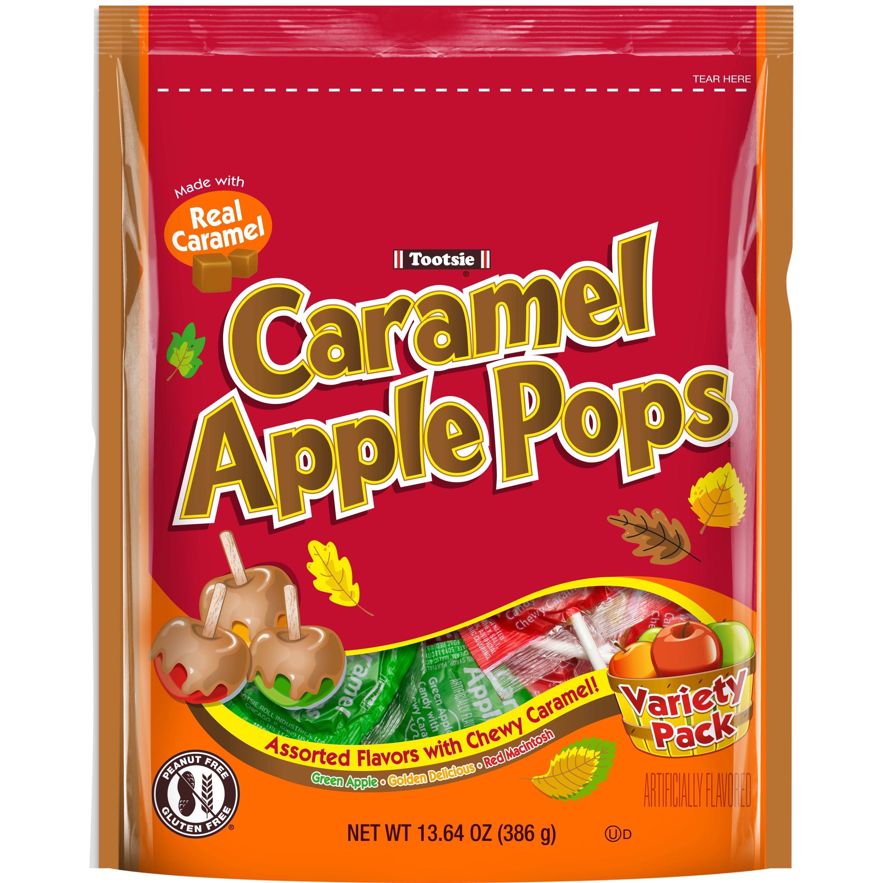 Tootsie Caramel Apple Pops, Variety Apple Flavored Lollipops, 13.64oz. Gluten Free and Peanut Free. Contains Milk and Soy.