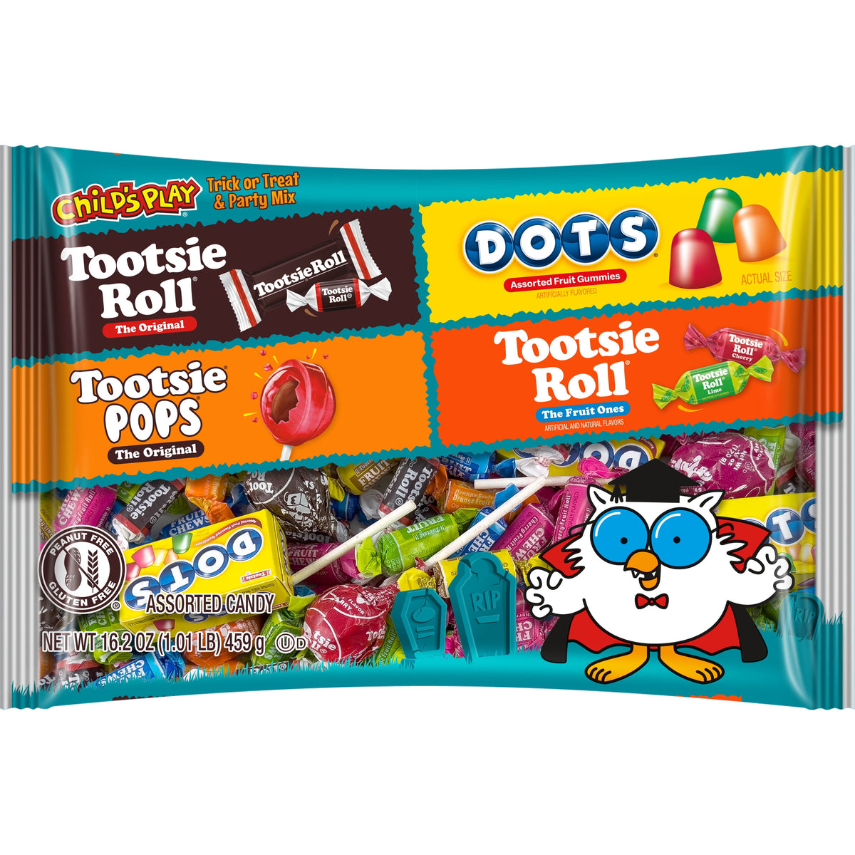Tootsie Child's Play, Assorted Halloween Candy, Individually Wrapped, 16.2 oz. Peanut Free and Gluten Free. Contains Milk.