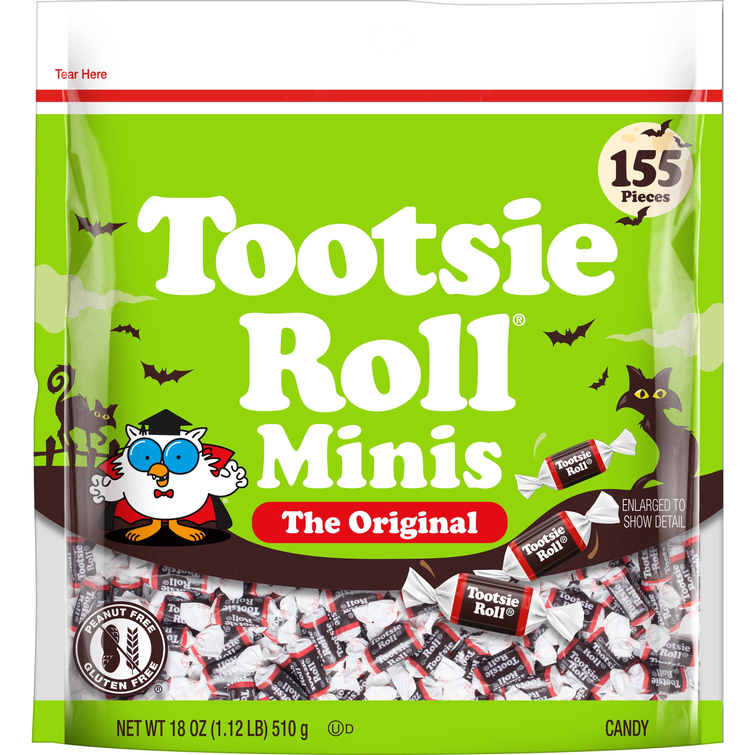 Tootsie Roll Midgees, Chewy Halloween Candy, Individually Wrapped, 18 oz, 155 Piece Bag. Peanut Free and Gluten Free. Contains Milk and Soy.