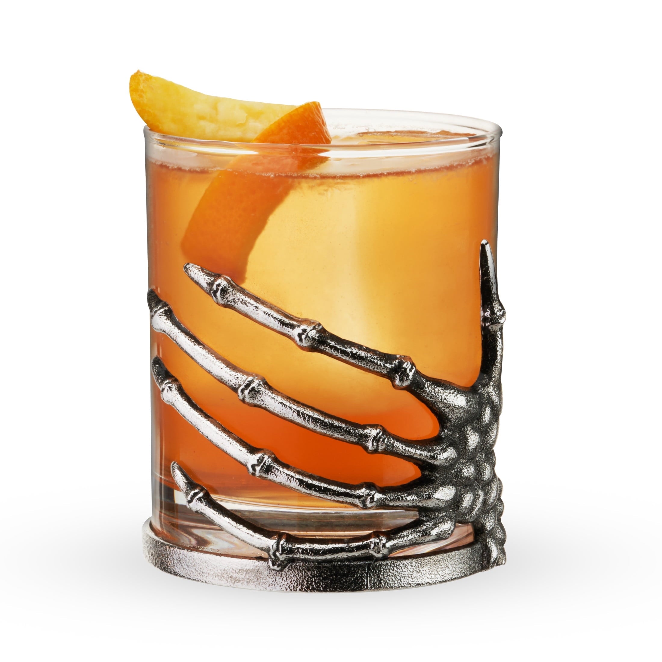 Twine Skeleton Hand Cocktail Tumbler, Gothic Whiskey Glass with Metal Skeleton Wrap, Spooky Halloween Barware for Bourbon, Cocktails & More, 10 oz., Set of 1