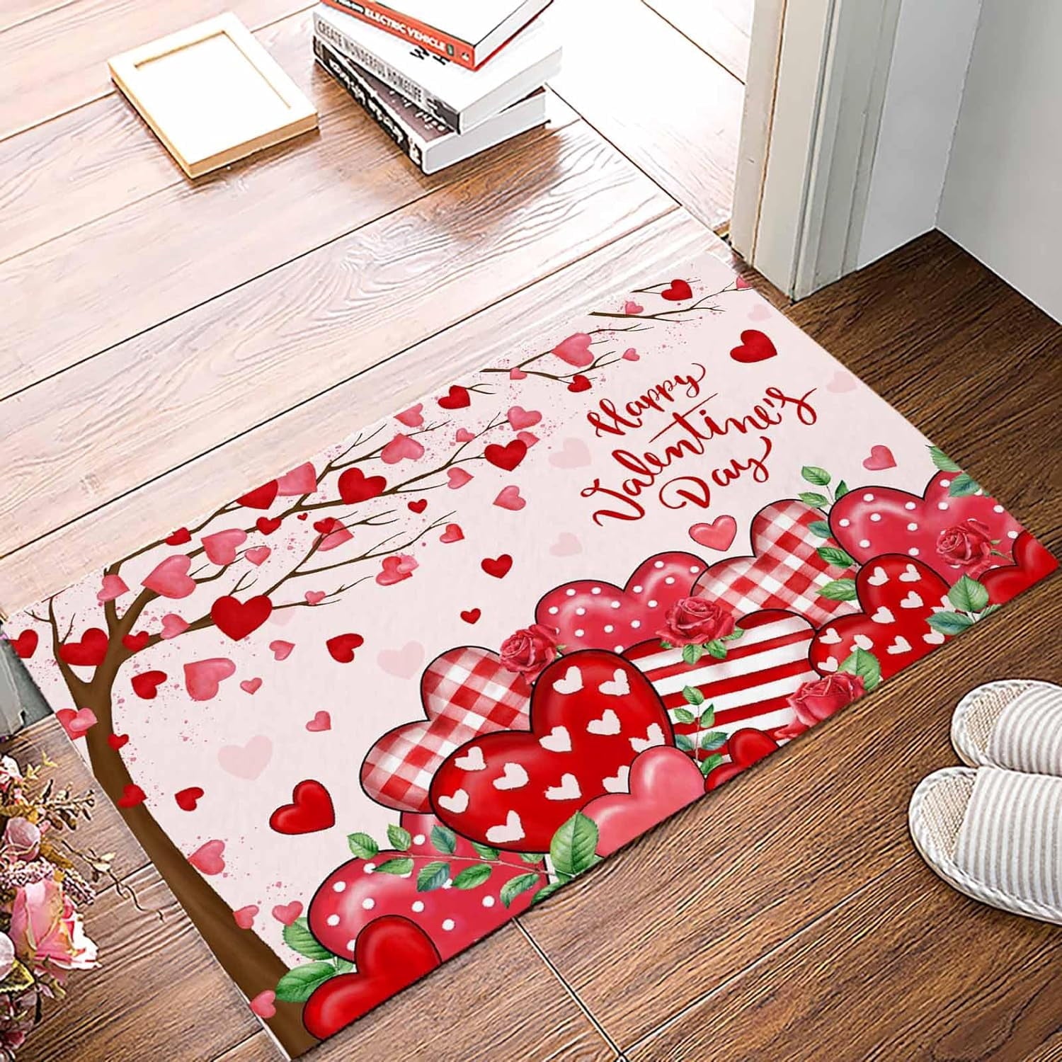 Christmas Snowman Trees Entrance Door Mat, Red Plaid Low Profile Tradition Christmas Decor Welcome Doormat, Non-Slip Carpet Rugs Floor Mat Decorative for Home/Bathroom/Kitchen - 20"x31.5"
