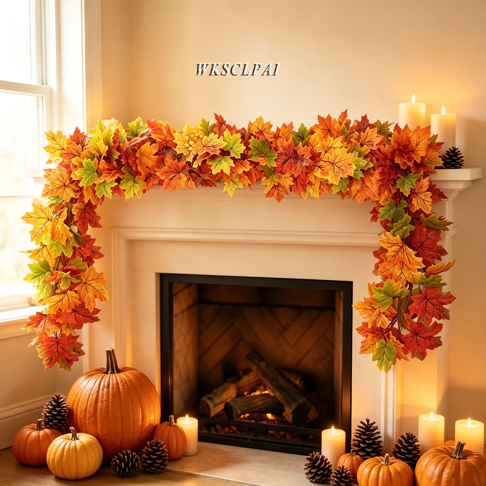 WKSCLPAI Halloween Maple Leaf Garland, Fall Vine Wreaths for Autumn Festivities Decor,Seasonal Garlands for Home,Halloween & Fall Decorations