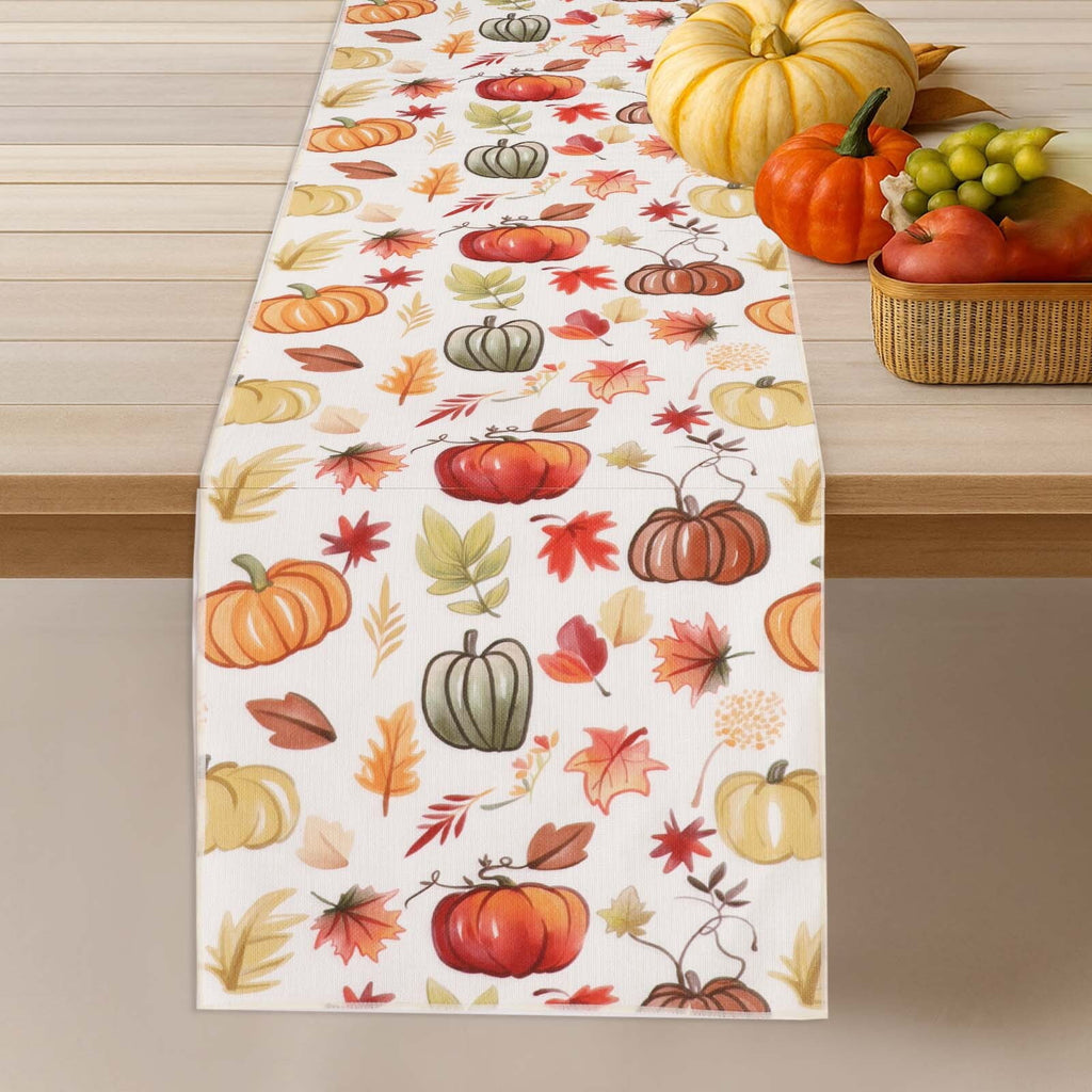 OVZME Joyce Fall Leaves Table Runner for Kitchen Dining Table, Thanksgiving Autumn Printed Harvest Pumpkins Maple Leaves for Halloween Holiday Home Decorations, Water-Proof, Washable, 13" W x 90" L