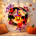 WWC Halloween Wreath, Orange LED Pumpkin and Bats Wreath, Gothic Halloween Decorations Wreath for Front Door, Indoor Outdoor Party Decor