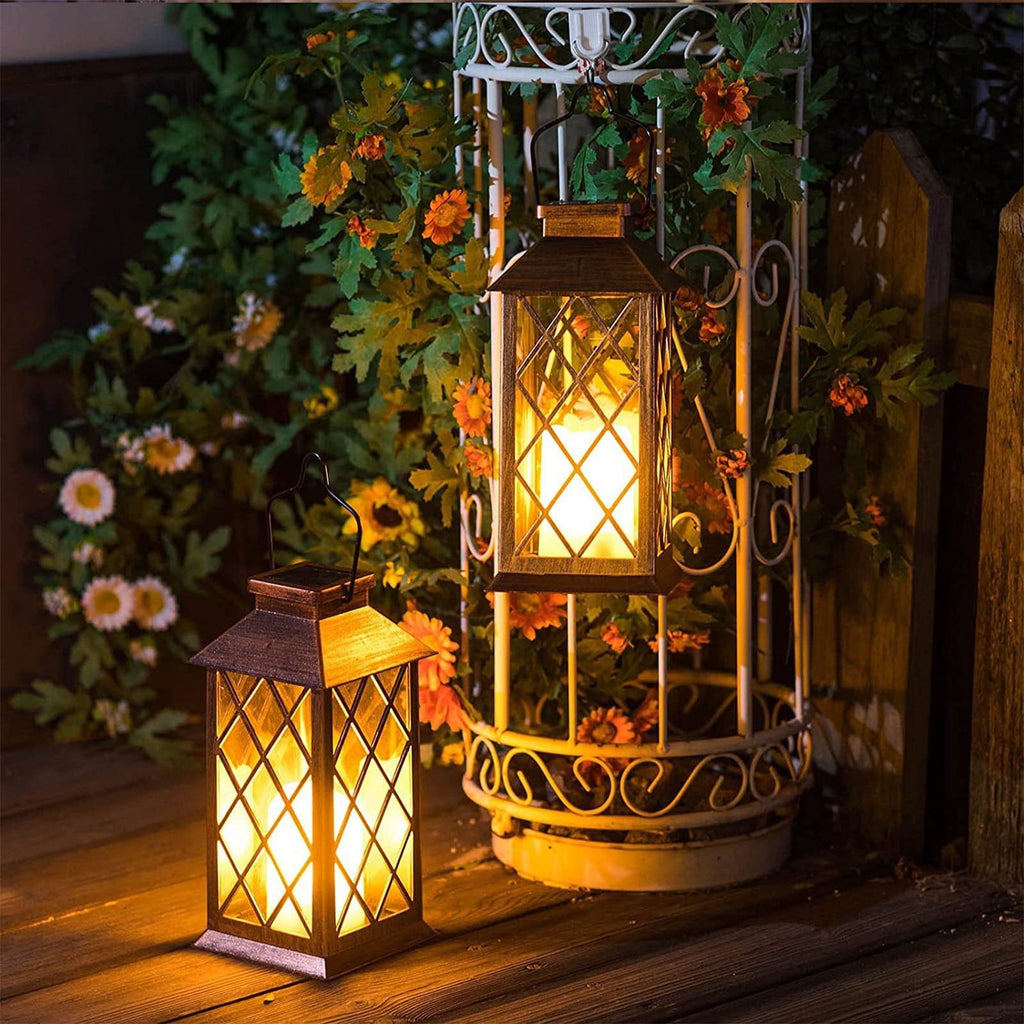 Wadada 13"Glass Solar Lantern Outdoor Waterproof,Hanging Lanterns Solar with Flickering Flameless Candle Mission Lights Decorative for Patio Front Porch Garden Backyard Outside Table(Antique Copper)