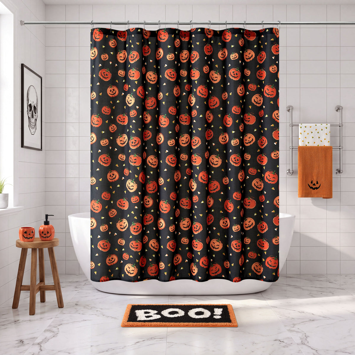 Way To Celebrate Jack-o'-Lantern Shower Curtain Set with 12 Hooks, Black