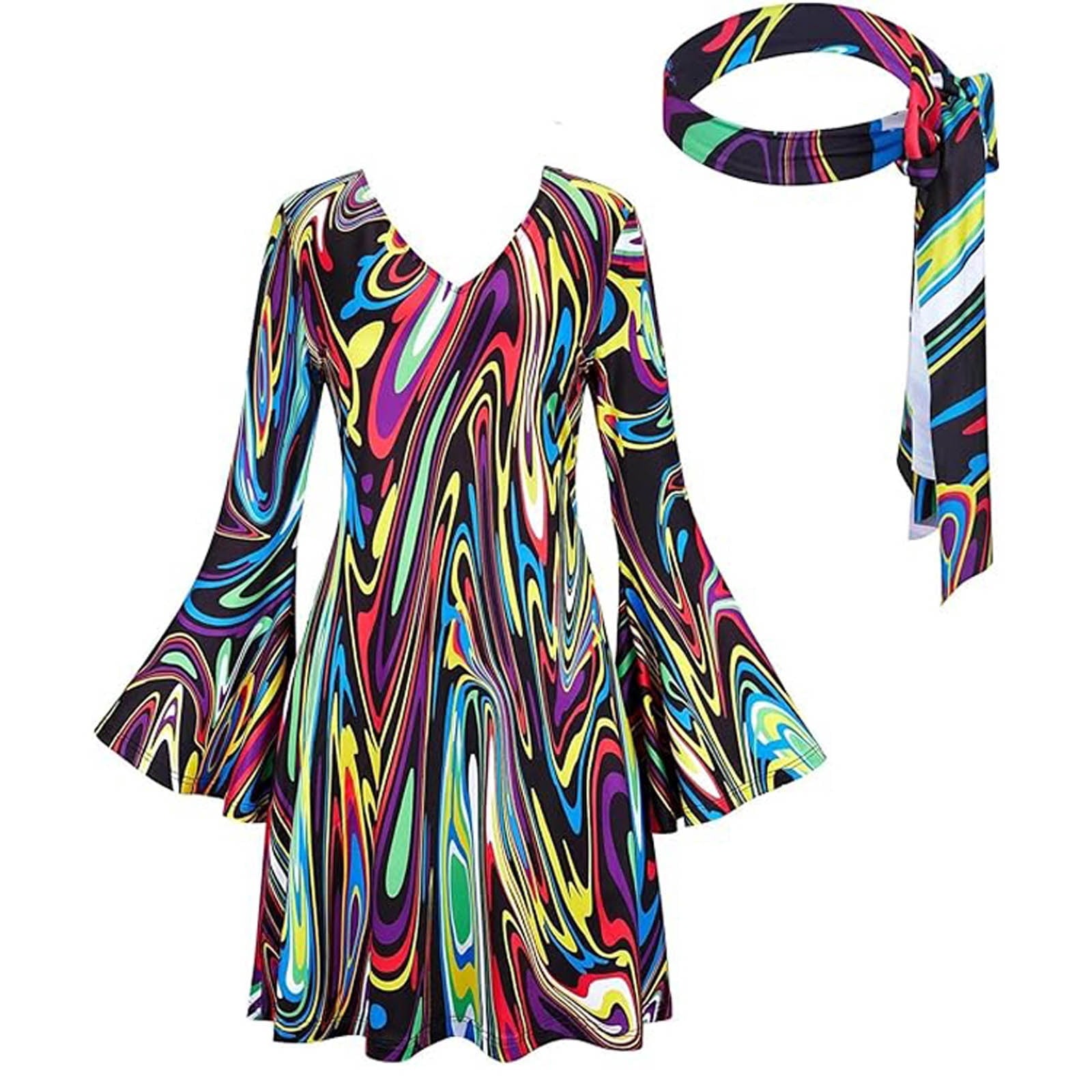 Wensltd 70s Disco Outfit Women Halloween Dress Costume Hippie Clothes Long Sleeve V Neck