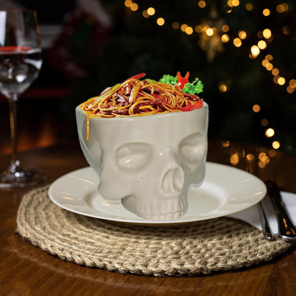 White Ceramic Skull Bowl, Gothic 3D Skull Shaped Serving Bowl, Food Safe Novelty Skull Dinner Bowl for Noodle Salad Snack Halloween Party Home Table Decor
