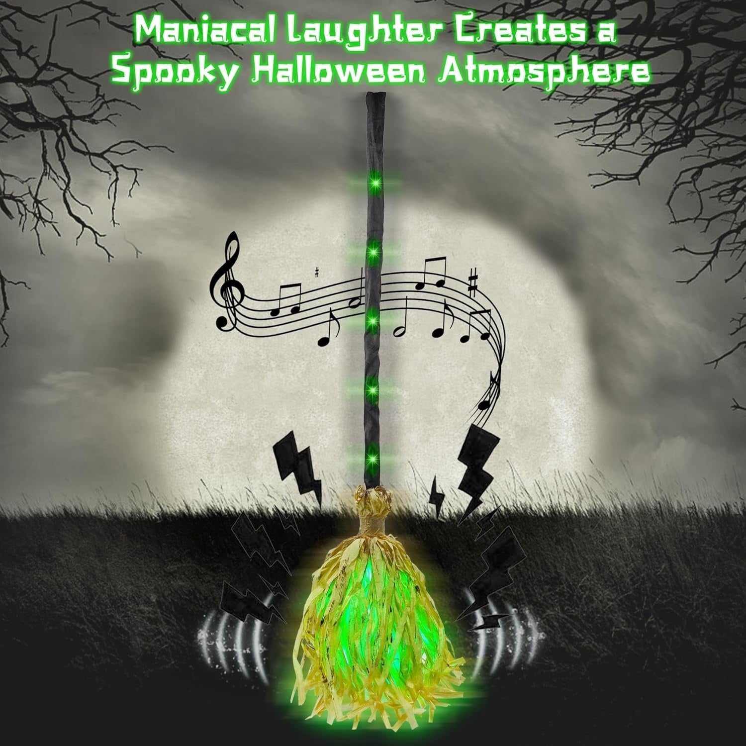 Witch Broom Halloween Decor - Animated Light Up Moving Broomstick with Spooky Sounds | Dancing for Home, Porch & Party 1PC