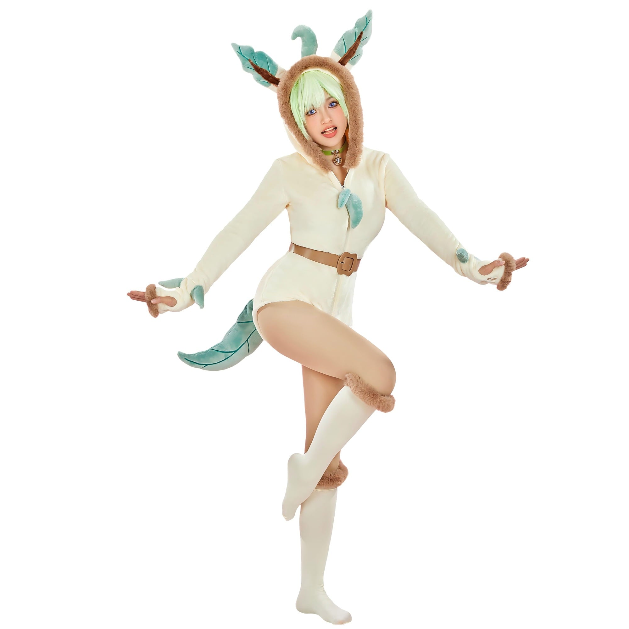 Women sexy Fluffy Hooded Bodysuit Halloween Deep V Kawaii One Piece Lingerie Rompers with Choker and Socks