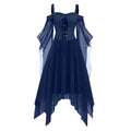 Women Gothic Cold Shoulder Midi Dress, Sheer Flare Bell Sleeve Front Corset Irregular Witch Costume Dress, Adult Halloween Dark Aesthetic Vintage Formal Evening Cosplay Party Outfit(Navy-2/M)