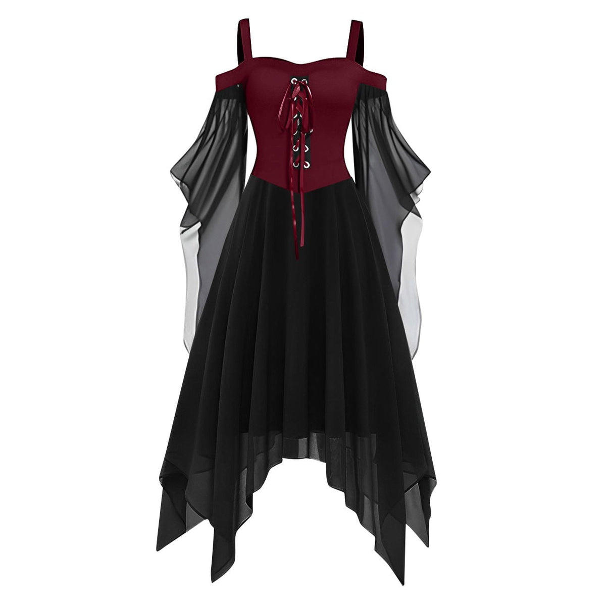 Women Gothic Cold Shoulder Midi Dress, Sheer Flare Bell Sleeve Front Corset Irregular Witch Costume Dress, Adult Halloween Dark Aesthetic Vintage Formal Evening Cosplay Party Outfit(Navy-2/M)