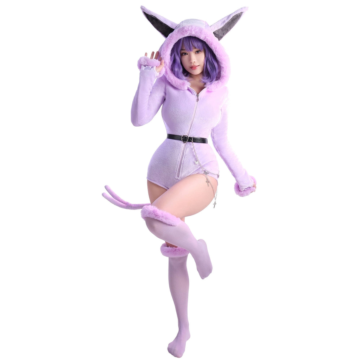 Women sexy Fluffy Hooded Bodysuit Halloween Deep V Kawaii One Piece Lingerie Rompers with Choker and Socks