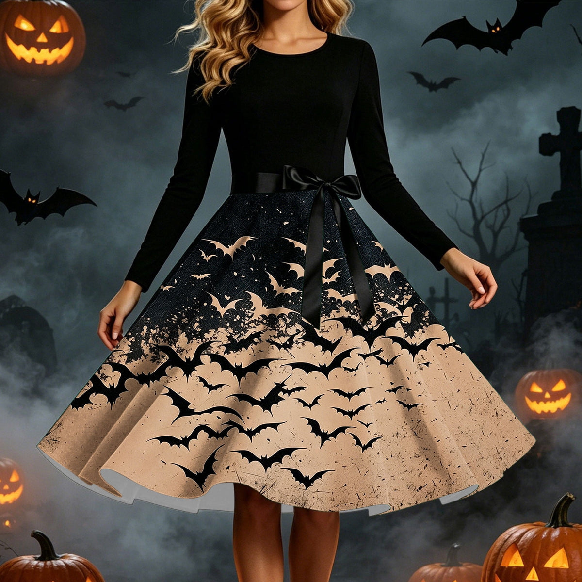 Women's Vintage Halloween Bat Print Swing Dress Long Sleeve 1950s Retro A-Line Midi Dresses with Satin Sash Belt for Gothic Cosplay Evening Prom Party
