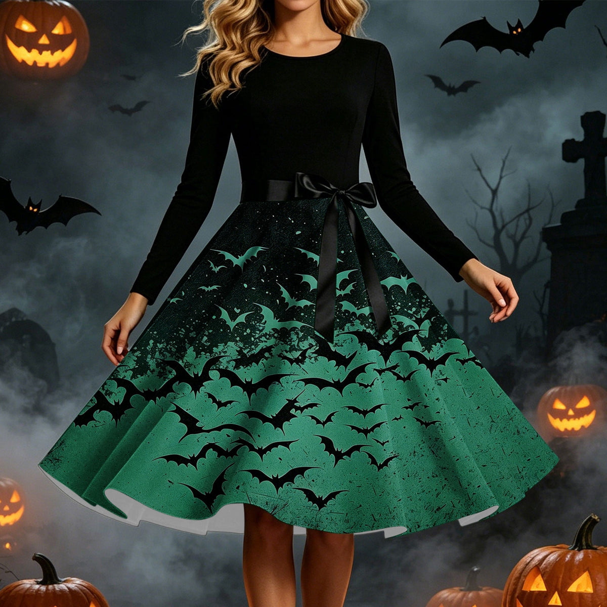Women's Vintage Halloween Bat Print Swing Dress Long Sleeve 1950s Retro A-Line Midi Dresses with Satin Sash Belt for Gothic Cosplay Evening Prom Party