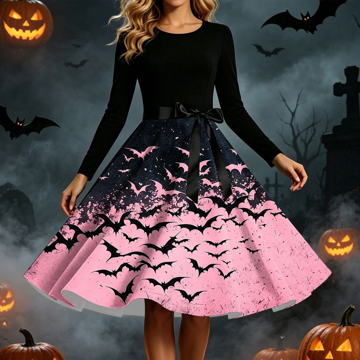 Women's Vintage Halloween Bat Print Swing Dress Long Sleeve 1950s Retro A-Line Midi Dresses with Satin Sash Belt for Gothic Cosplay Evening Prom Party
