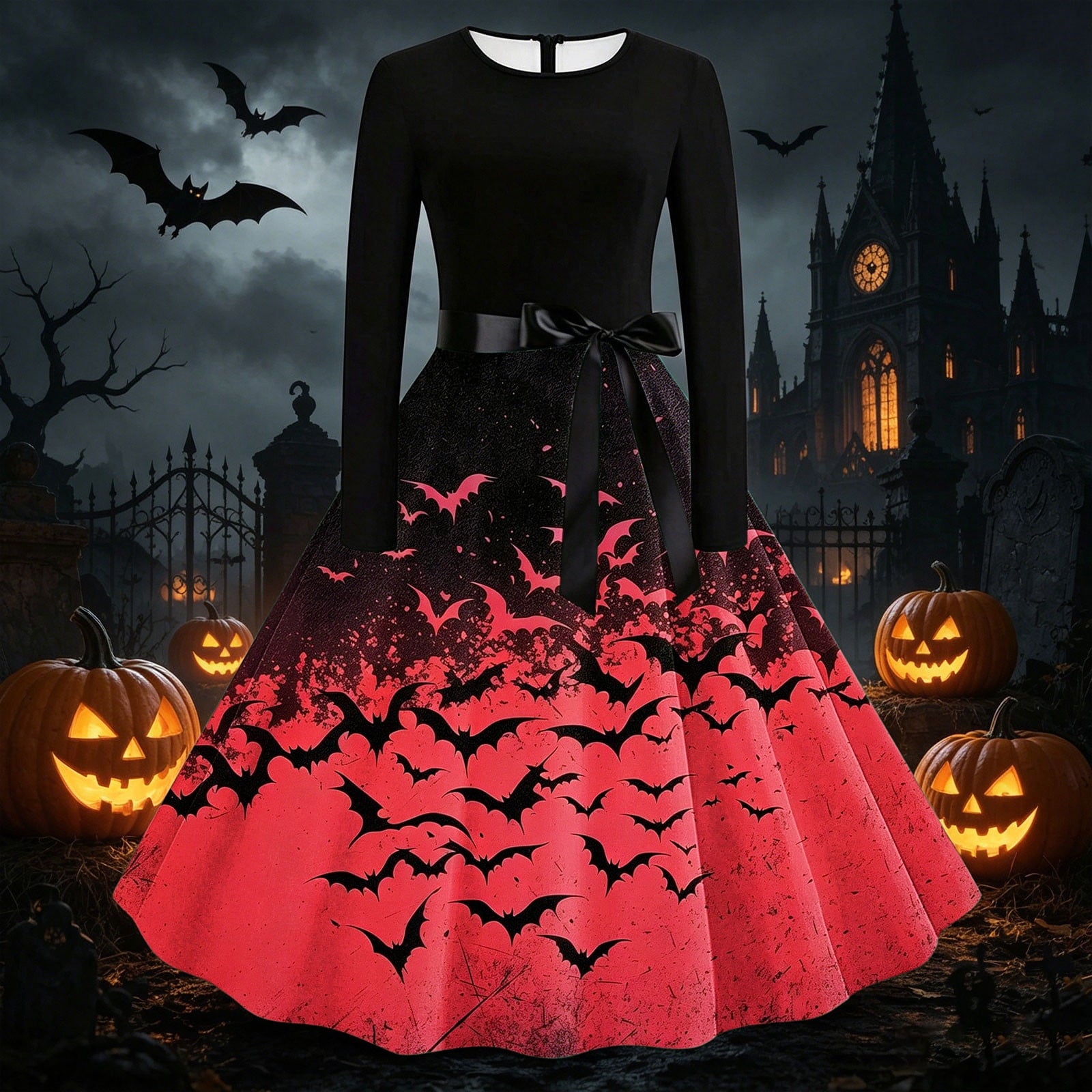 Women's Vintage Halloween Bat Print Swing Dress Long Sleeve 1950s Retro A-Line Midi Dresses with Satin Sash Belt for Gothic Cosplay Evening Prom Party