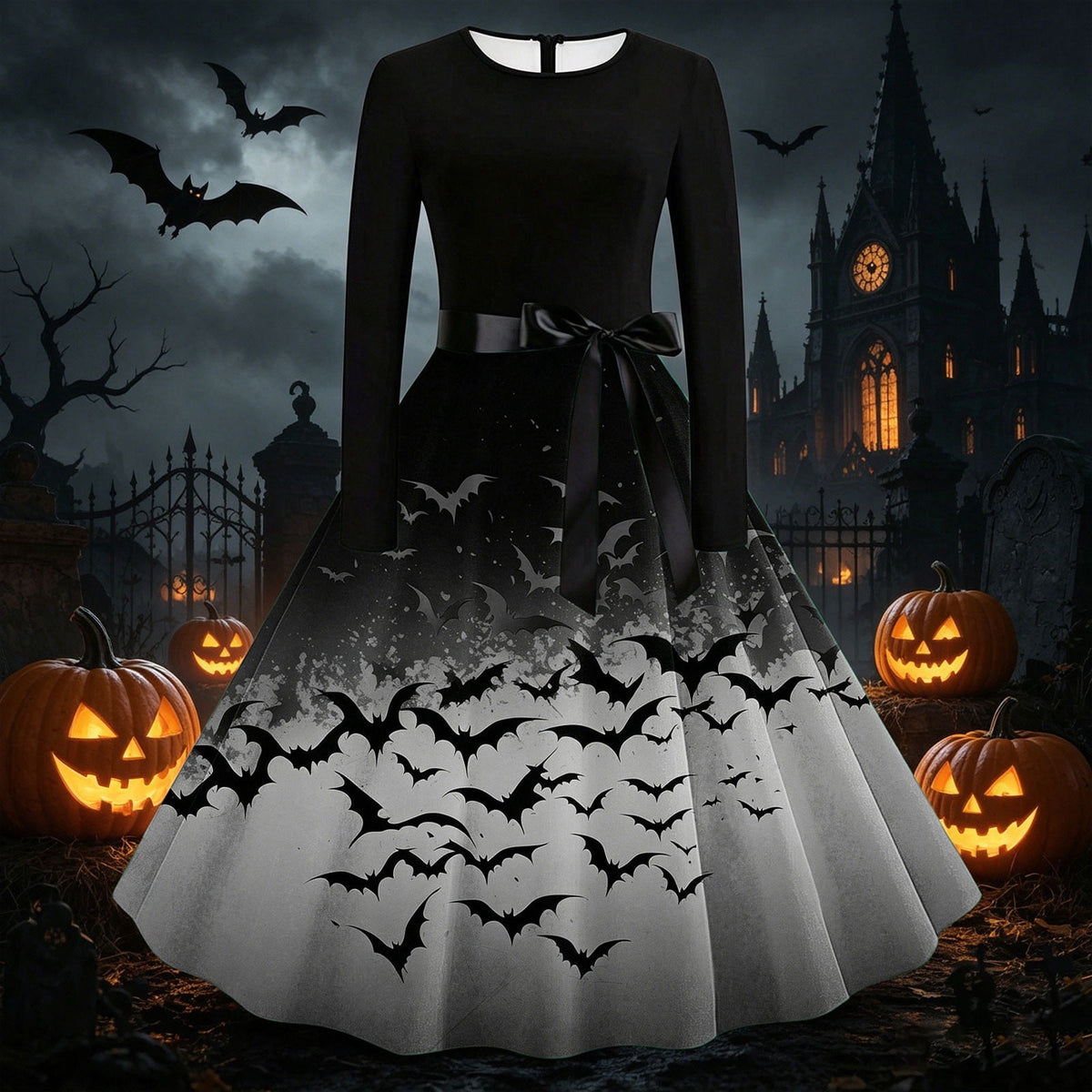 Women's Vintage Halloween Bat Print Swing Dress Long Sleeve 1950s Retro A-Line Midi Dresses with Satin Sash Belt for Gothic Cosplay Evening Prom Party